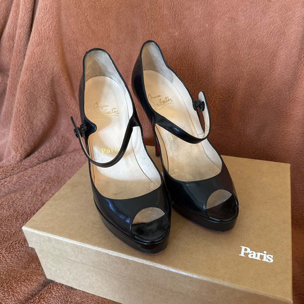 Christian Louboutin Iowa Zeppa Patent Black Peep Toe Mary Jane Pumps